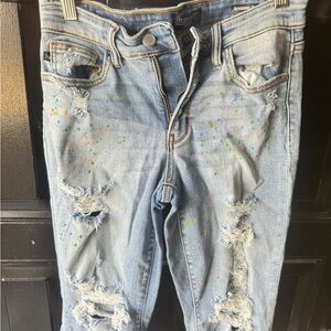 Judy Blue Light Blue Distressed Boyfriend Jeans with Colorful Accents